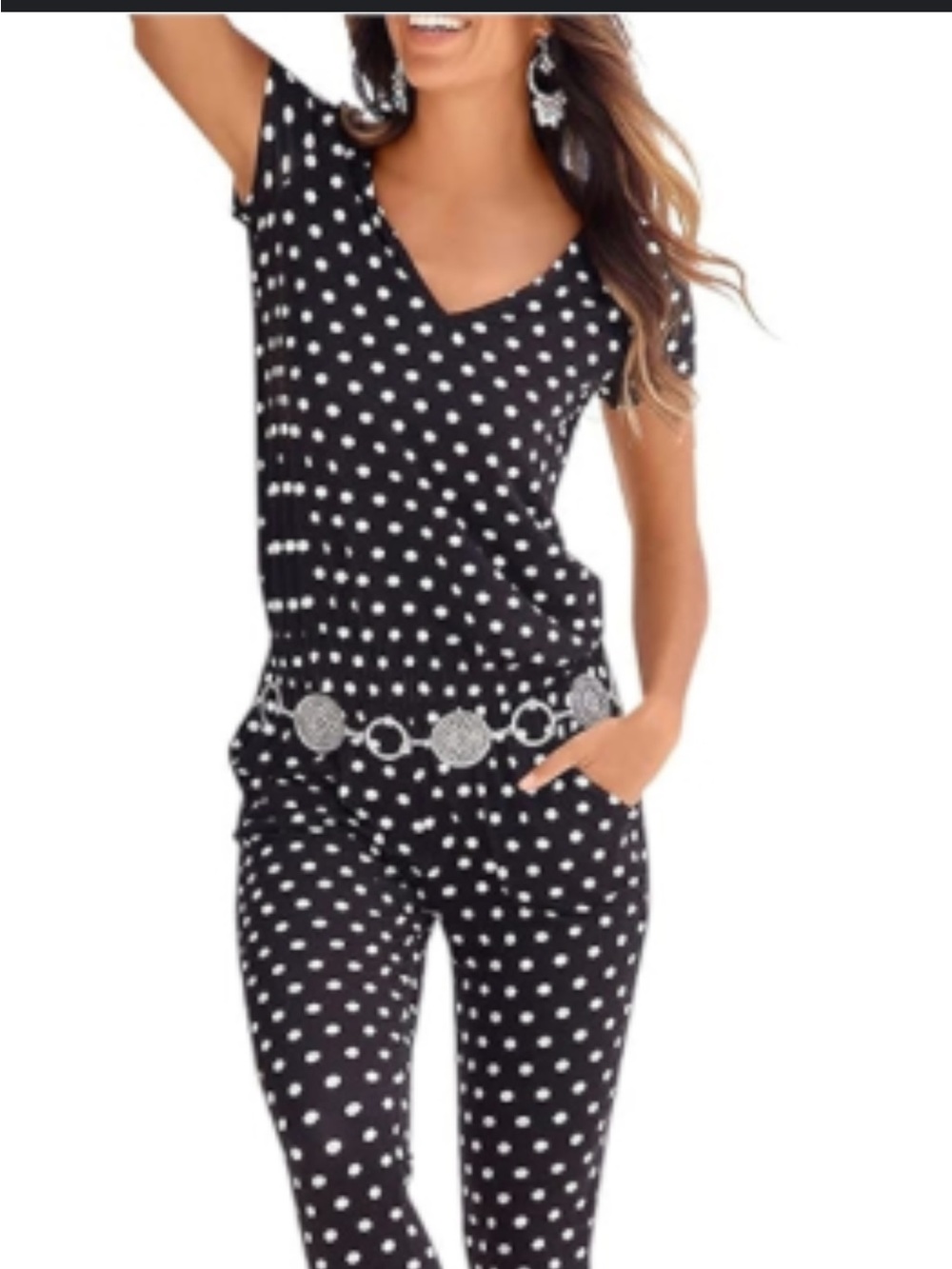 Polka Dot V-Neck Jumpsuit in Black and White